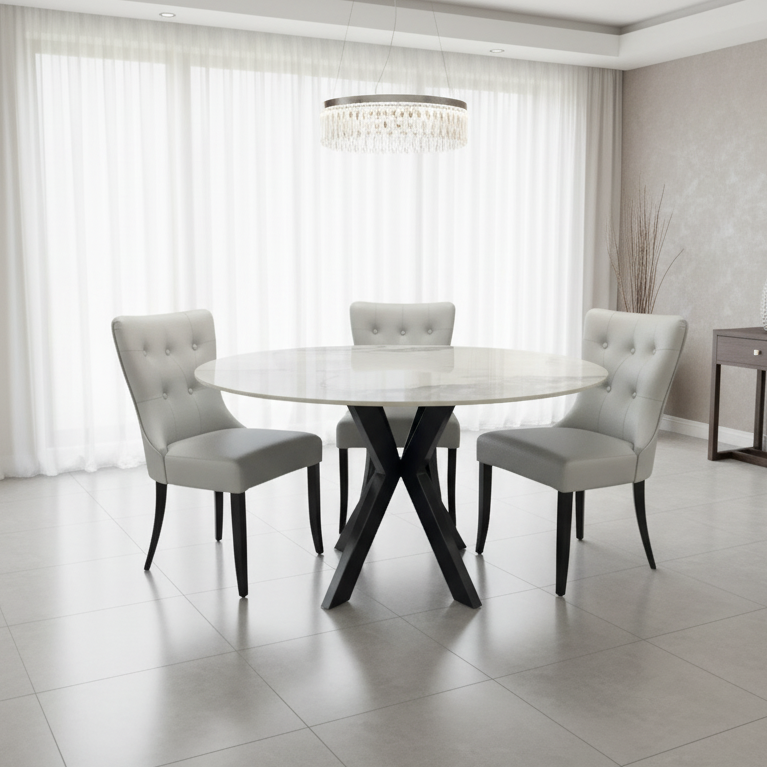 130cm round marble dining table with 4 grey button back chairs