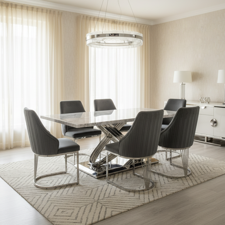 Modern dining room with a glass dining table and gray chairs.