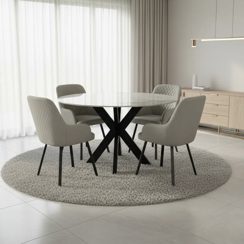 130cm Round White Marble Dining Set | 4 Grey Velvet & PU Leather Chairs