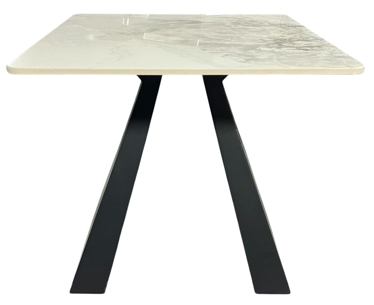 Modern White Ceramic Side Table with Black Geometric Base