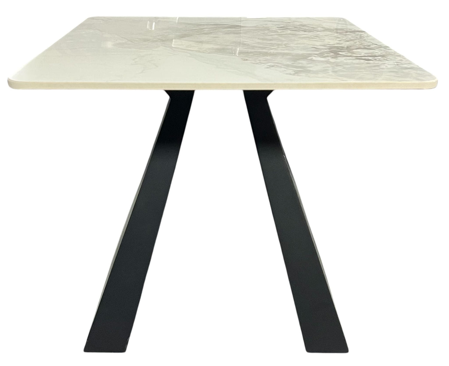 Modern White Ceramic Side Table with Black Geometric Base