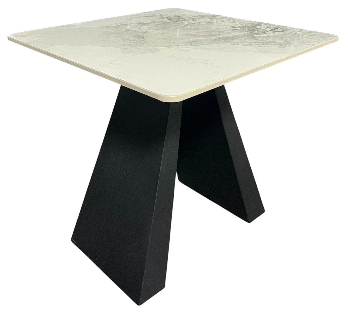 Modern White Ceramic Side Table with Black Geometric Base