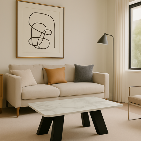 Modern living room with beige sofa, marble coffee table, and abstract art on wall.