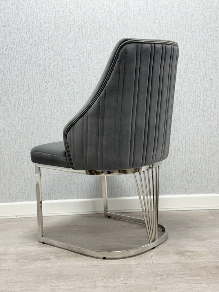 Elina 160cm Marble & Chrome Dining Table With Carlton Grey Velvet Chrome Chairs