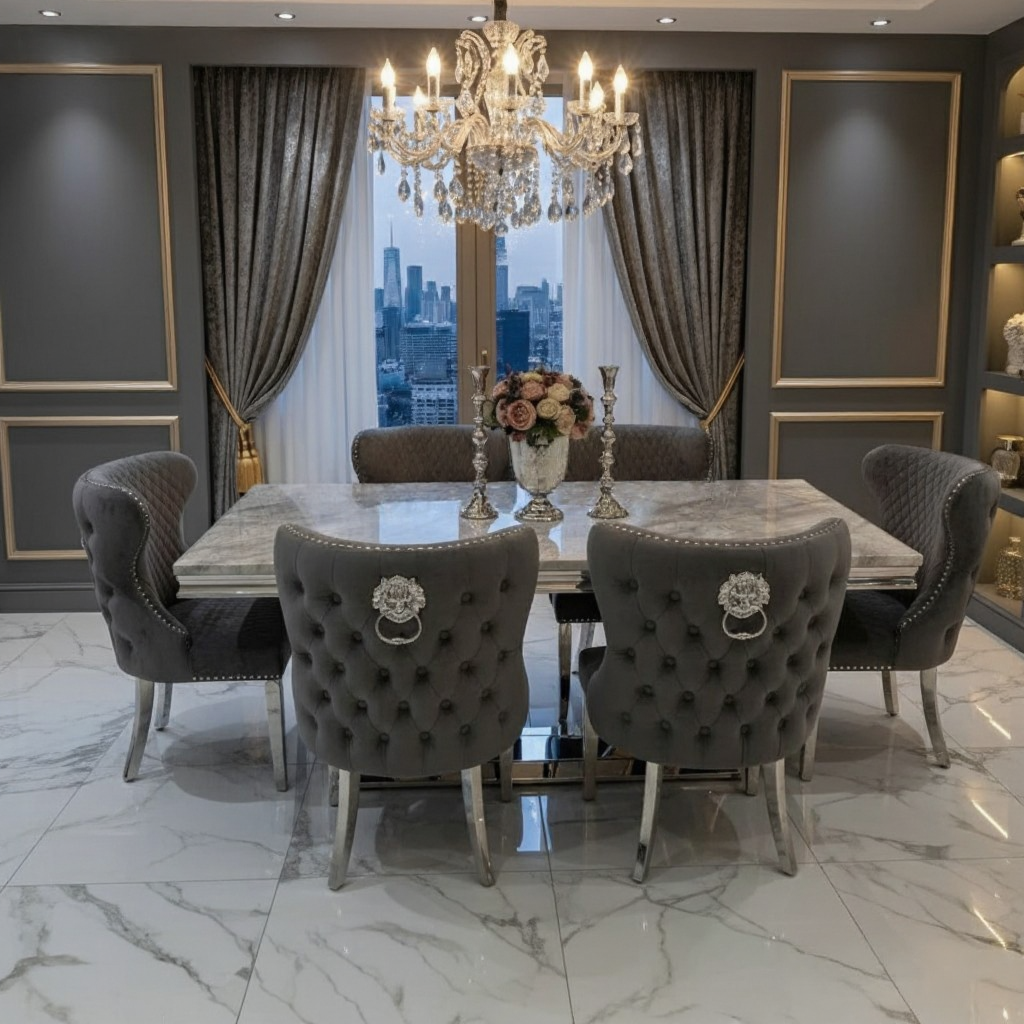 Elina Grey Marble Dining Table with Buttoned Back Velvet Dining Chairs – Luxury Dining Set