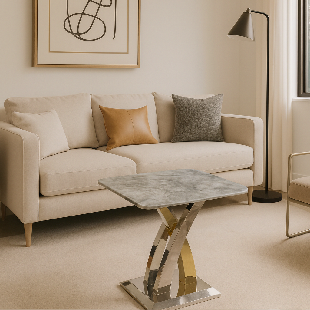 Modern living room with beige sofa, abstract art, and a stylish coffee table.