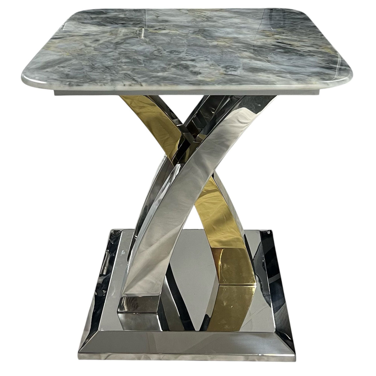 Luxury Grey Marble Effect Ceramic Side Table with Chrome Cross Base - Modern Living Room Furniture UK
