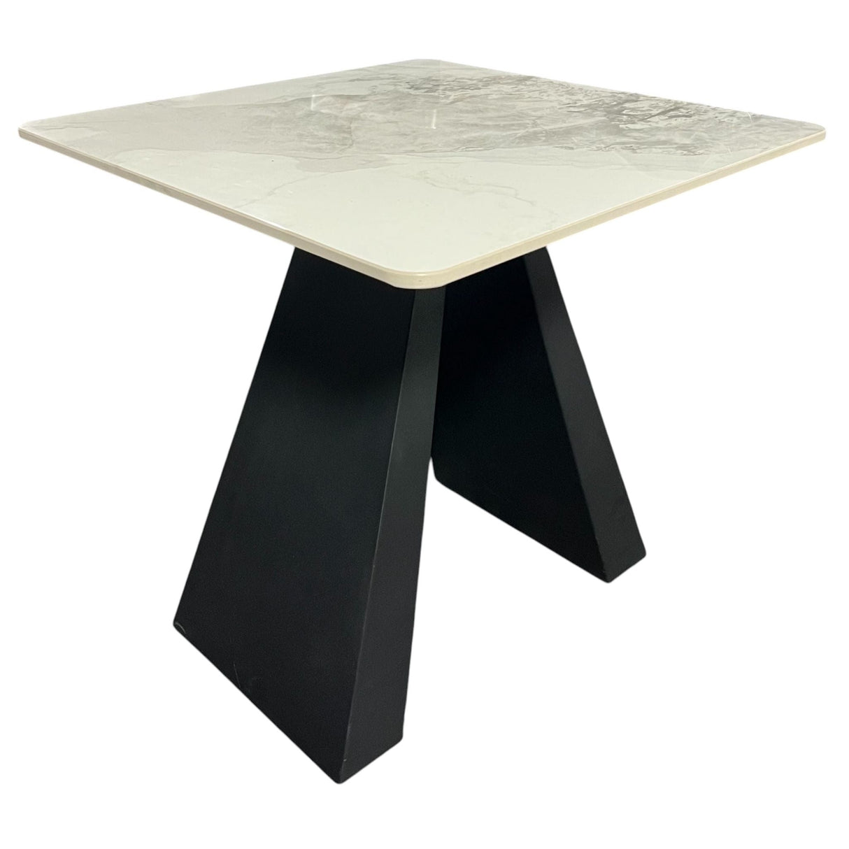 Modern White Ceramic Side Table with Black Geometric Base