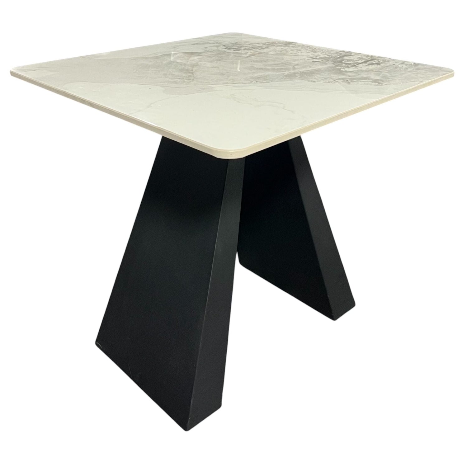 Modern White Ceramic Side Table with Black Geometric Base