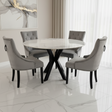 Round white marble dining table set with 6 grey velvet knocker back chairs 110cm| Galaximart