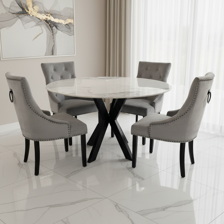 Round white marble dining table set with 6 grey velvet knocker back chairs 110cm| Galaximart