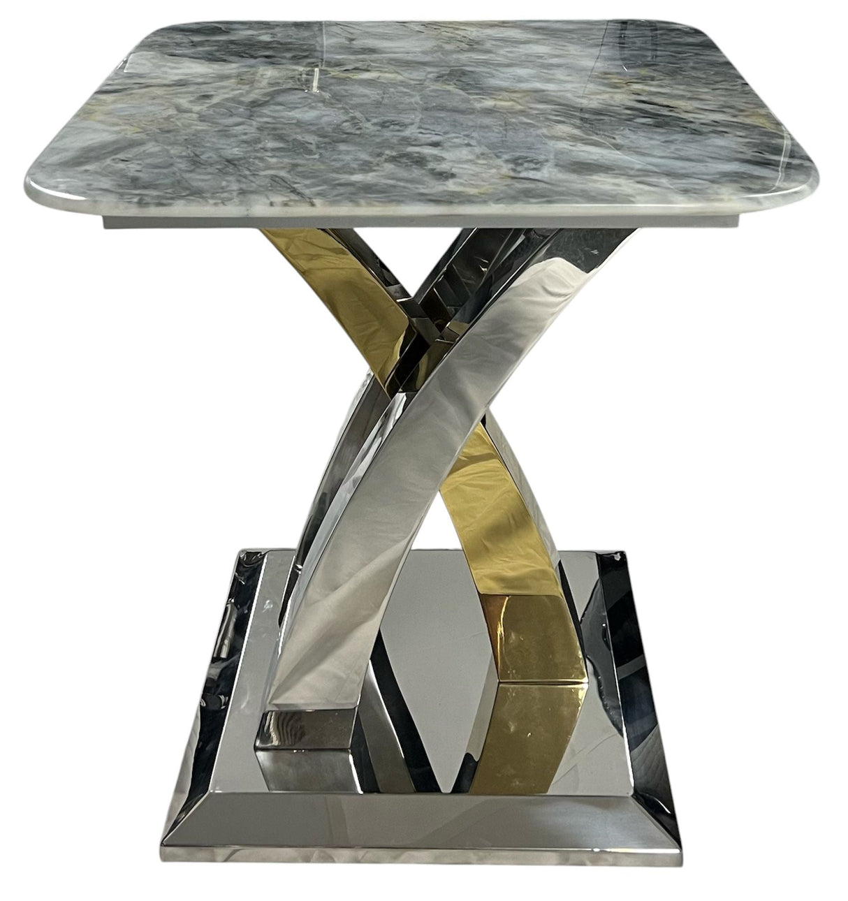 Luxury Grey Marble Effect Ceramic Side Table with Chrome Cross Base - Modern Living Room Furniture UK