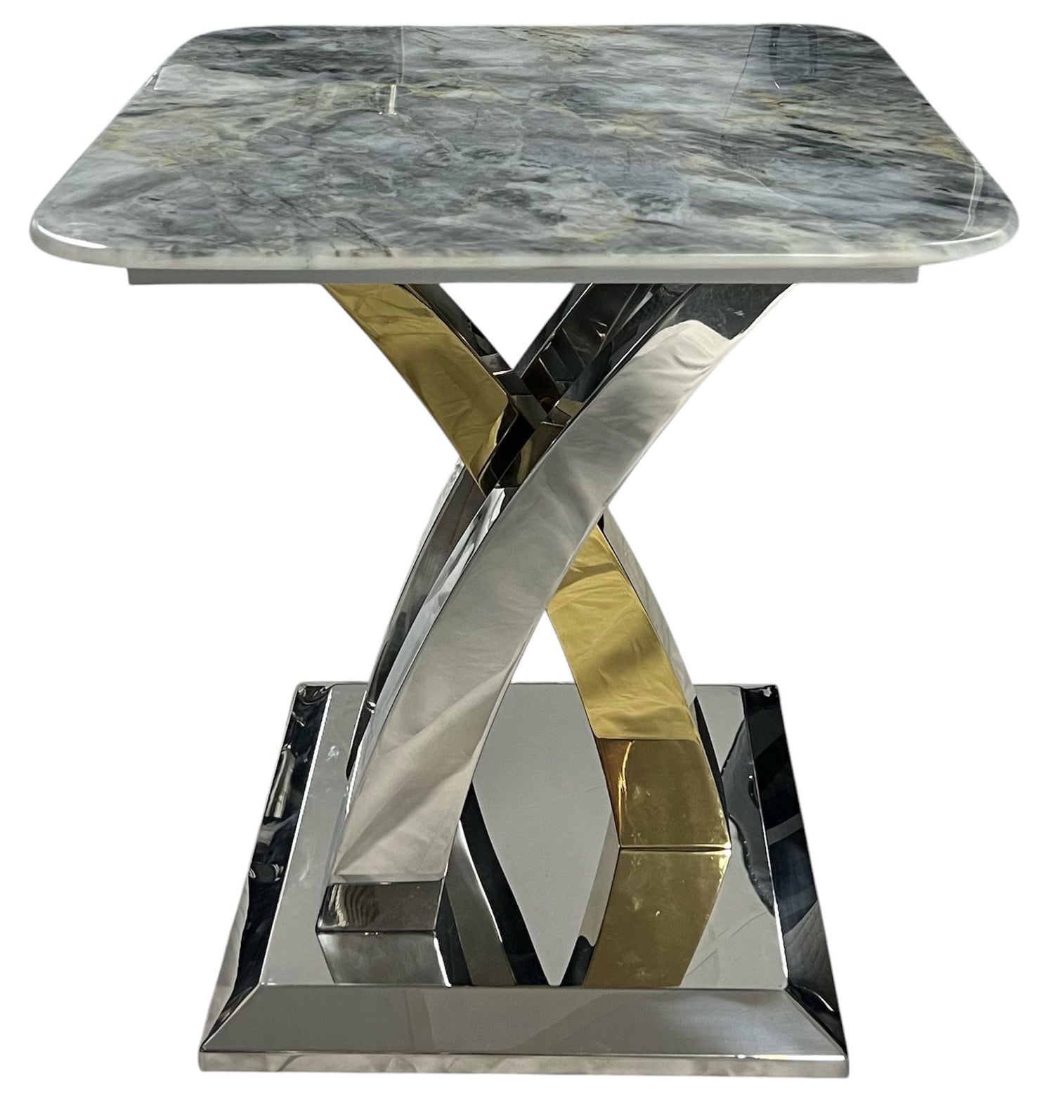 Luxury Grey Marble Effect Ceramic Side Table with Chrome Cross Base - Modern Living Room Furniture UK