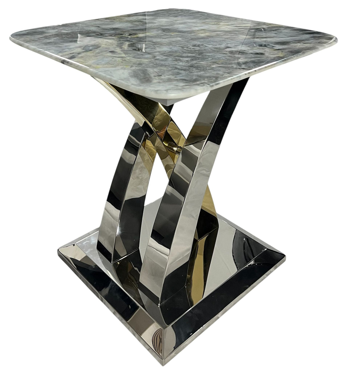 Luxury Grey Marble Effect Ceramic Side Table with Chrome Cross Base - Modern Living Room Furniture UK
