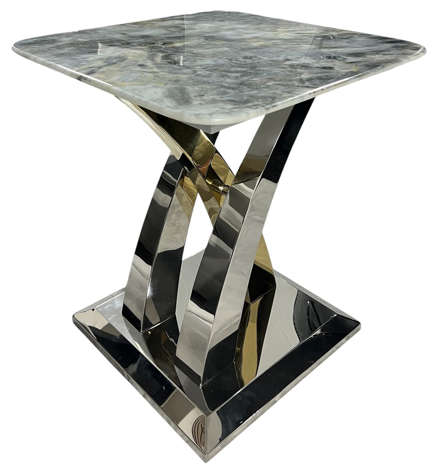 Luxury Grey Marble Effect Ceramic Side Table with Chrome Cross Base - Modern Living Room Furniture UK