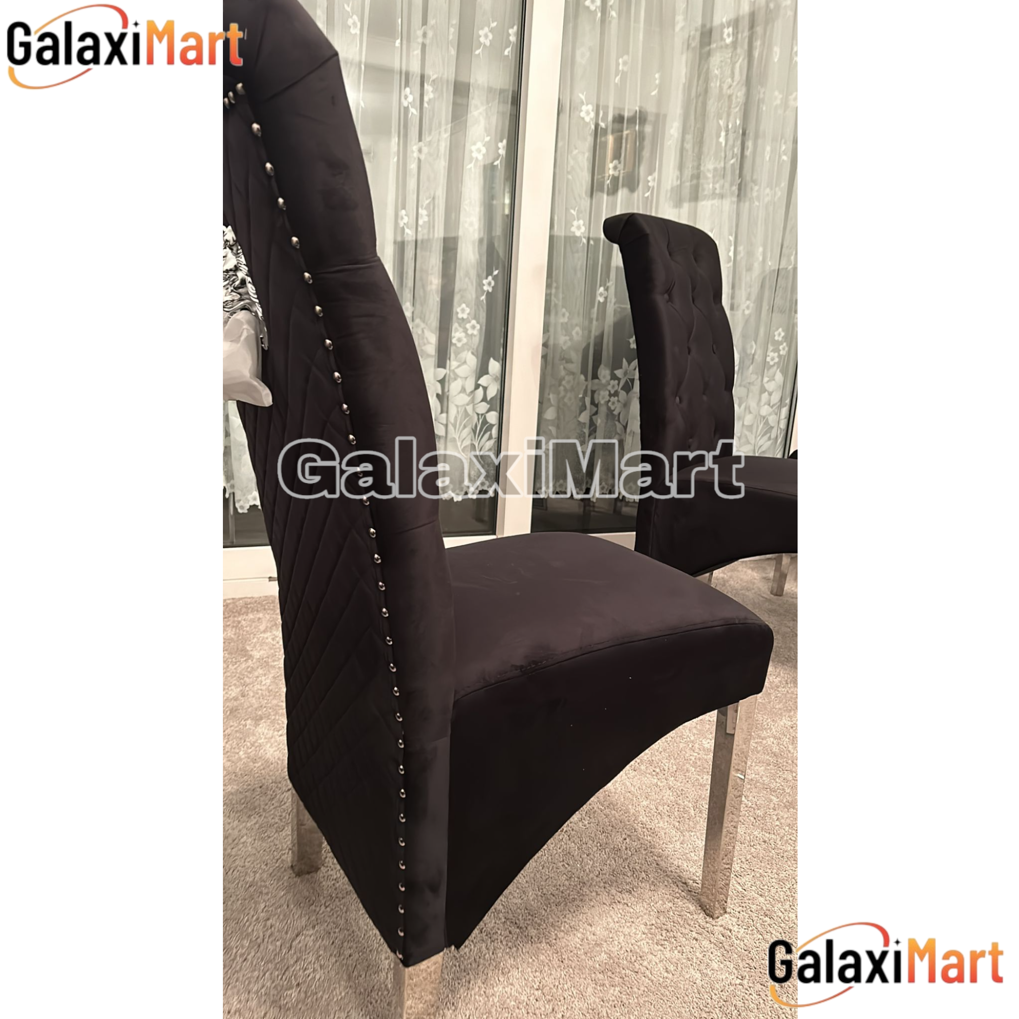 Elina 180cm Grey Marble Dining Table With High Back Lion Knocker Black Velvet Dining Chairs