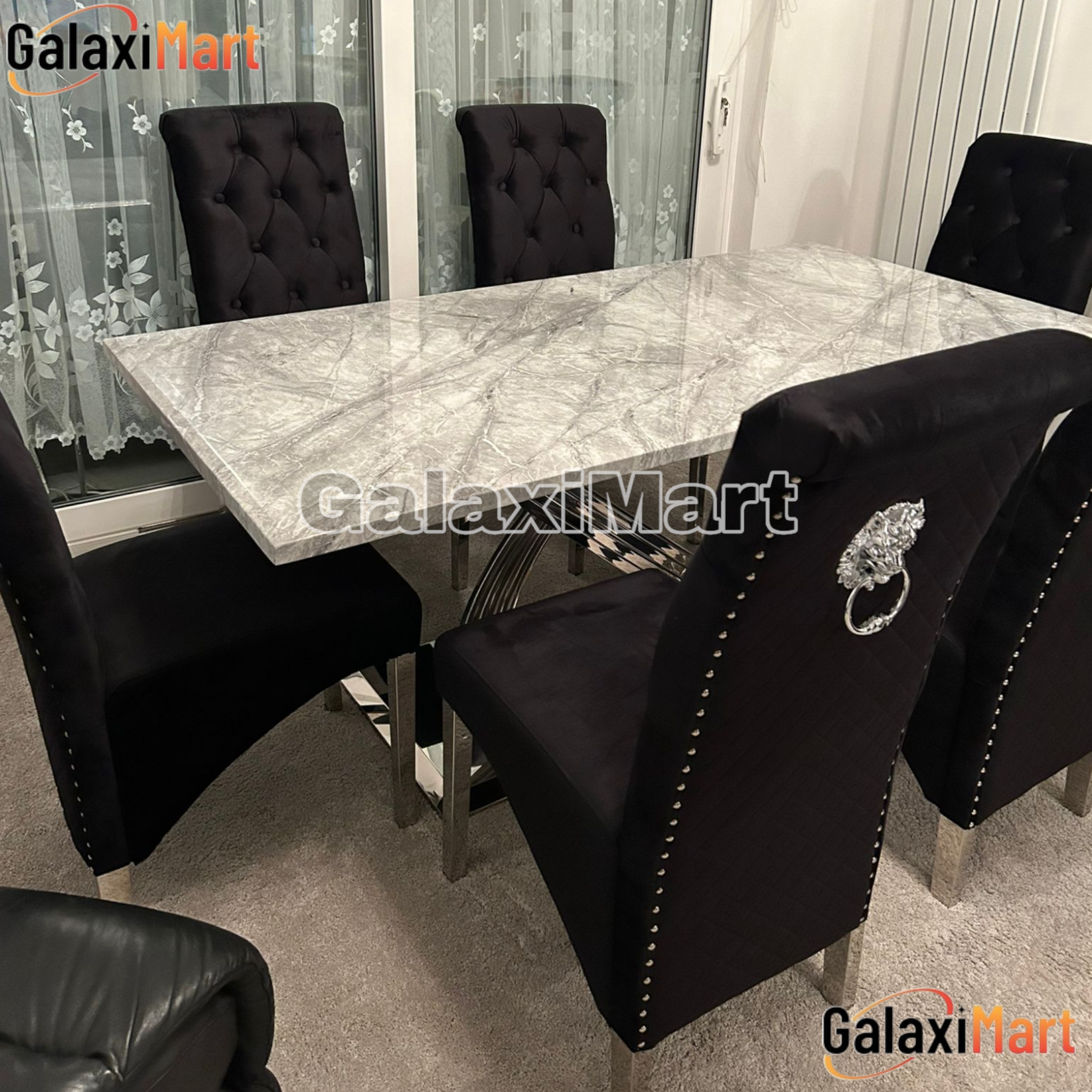 Elina 180cm Grey Marble Dining Table With High Back Lion Knocker Black Velvet Dining Chairs