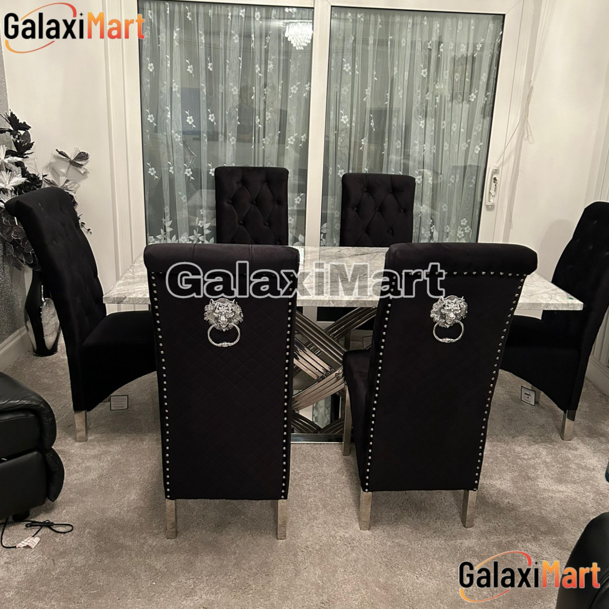Elina 180cm Grey Marble Dining Table With High Back Lion Knocker Black Velvet Dining Chairs