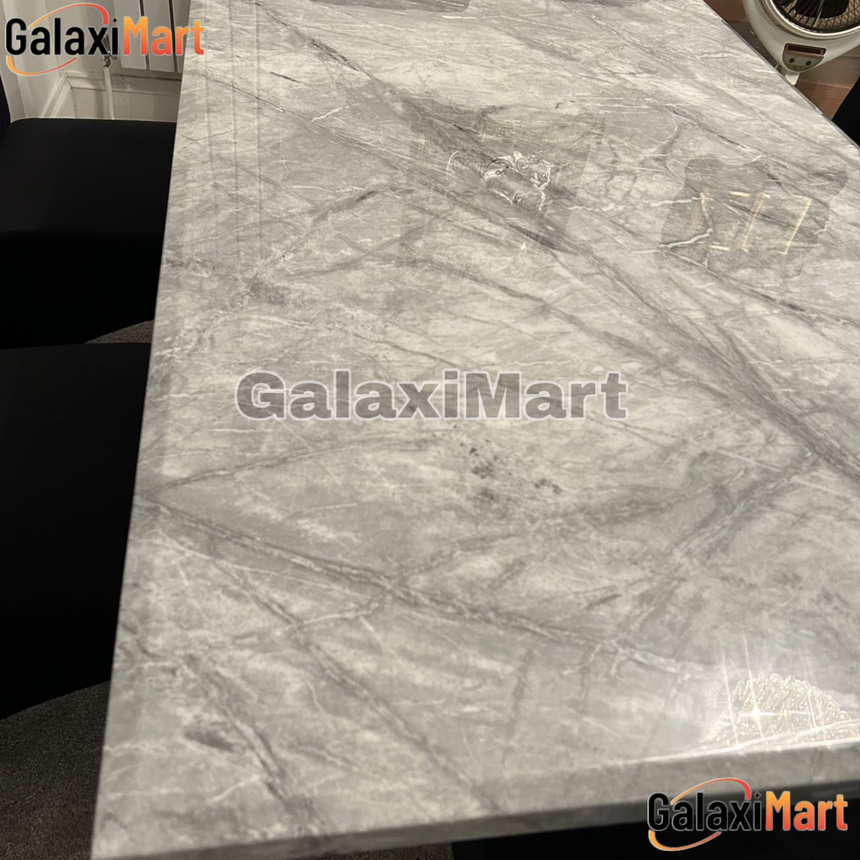 Elina 180cm Grey Marble Dining Table With High Back Lion Knocker Black Velvet Dining Chairs