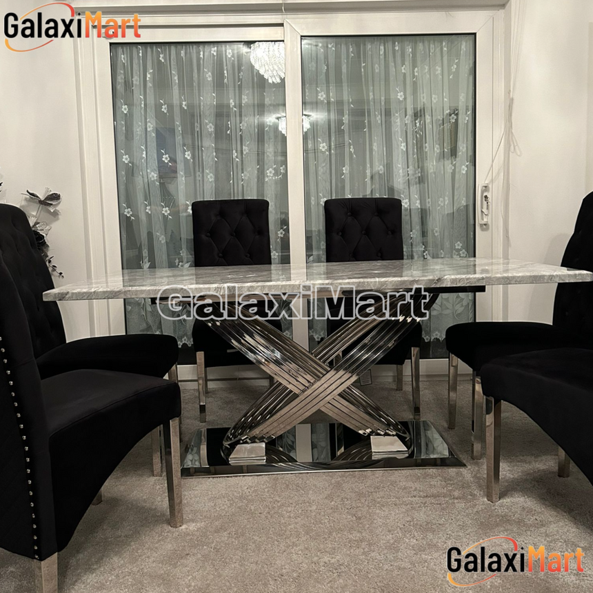 Elina 180cm Grey Marble Dining Table With High Back Lion Knocker Black Velvet Dining Chairs