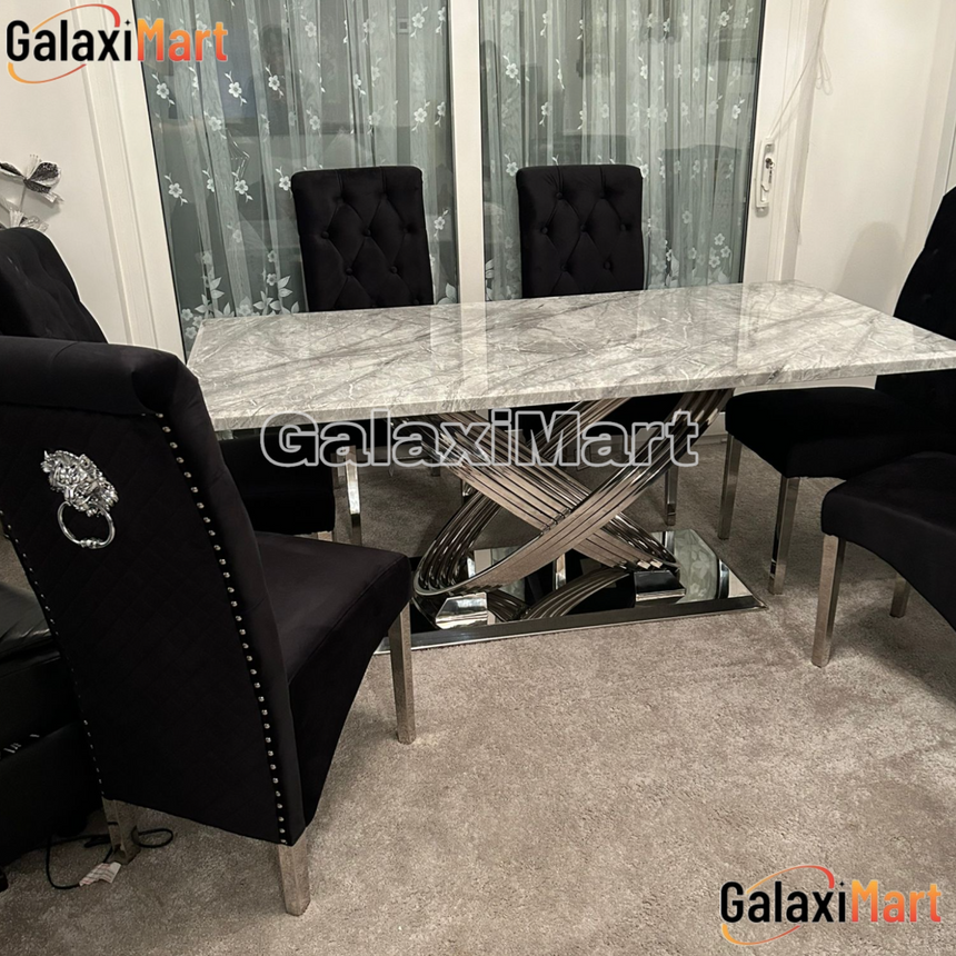 Elina 180cm Grey Marble Dining Table With High Back Lion Knocker Black Velvet Dining Chairs
