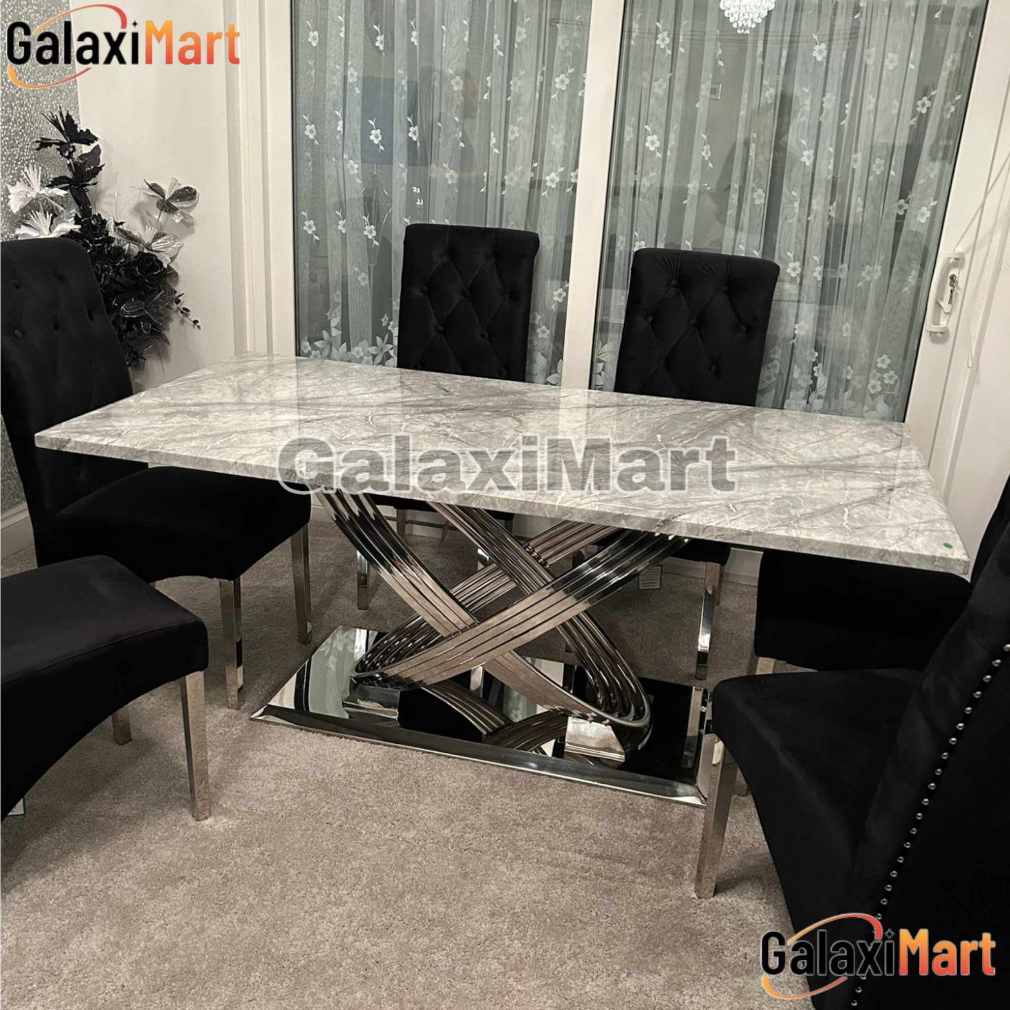 Elina 180cm Grey Marble Dining Table With High Back Lion Knocker Black Velvet Dining Chairs