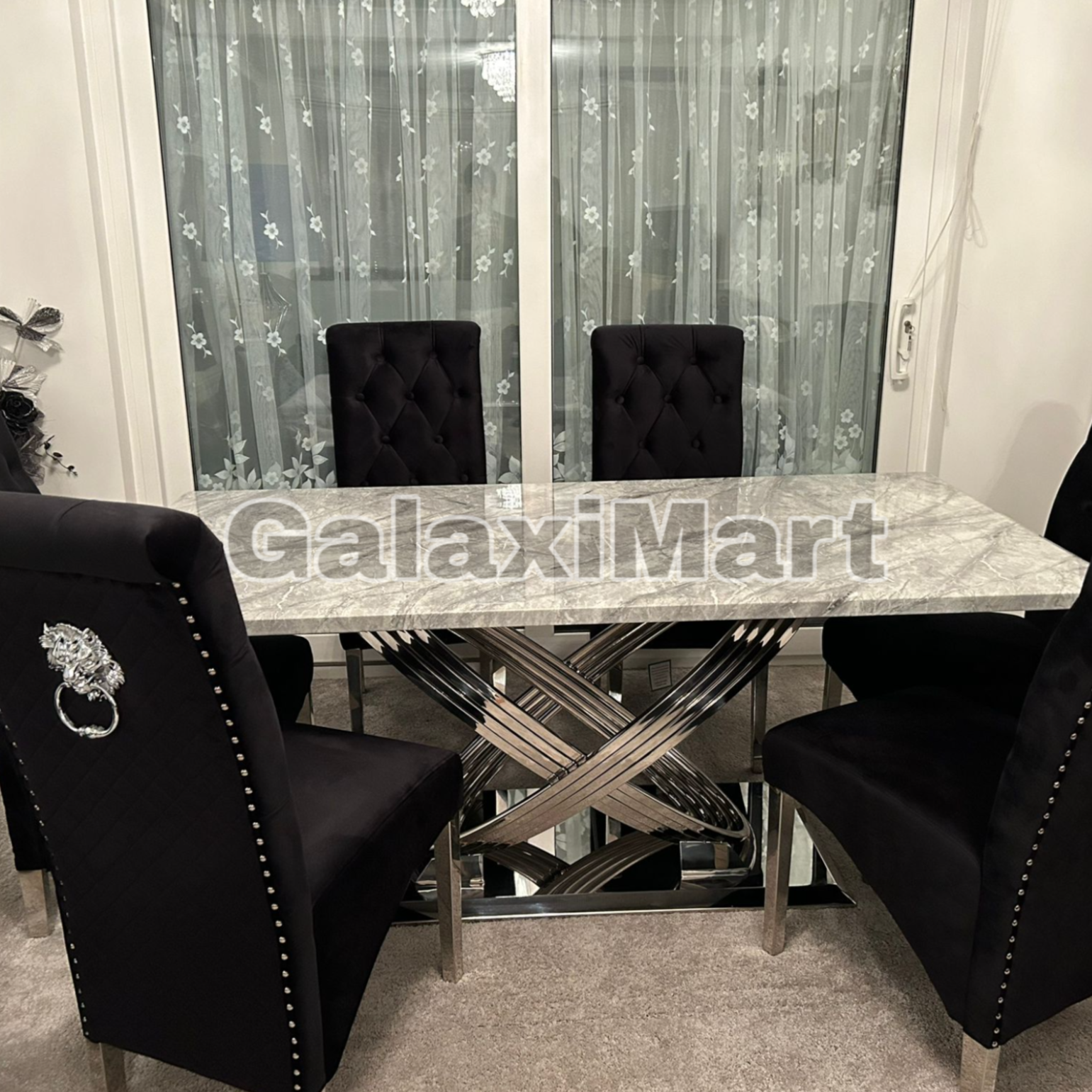 Elina 180cm Grey Marble Dining Table With High Back Lion Knocker Black Velvet Dining Chairs