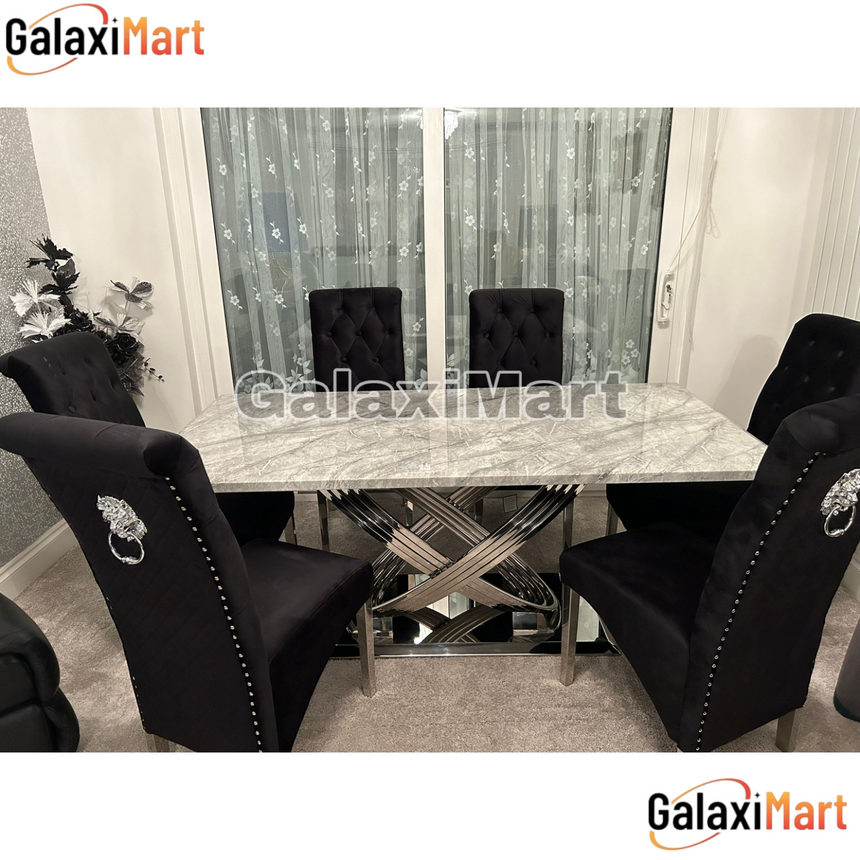 Elina 180cm Grey Marble Dining Table With High Back Lion Knocker Black Velvet Dining Chairs