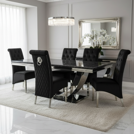 Modern dining room with black glass table and tufted chairs in a stylish interior.