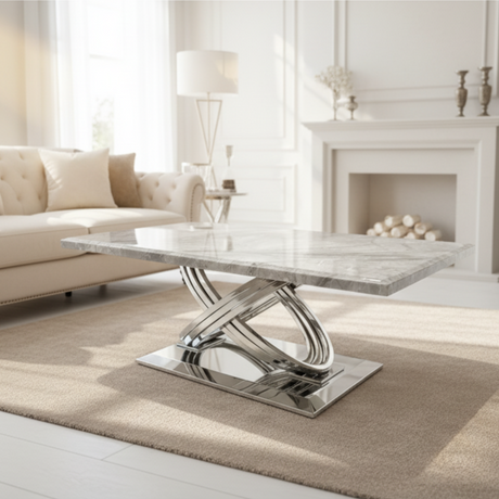 Modern living room with a marble coffee table and 'GalaxiMart' branding.