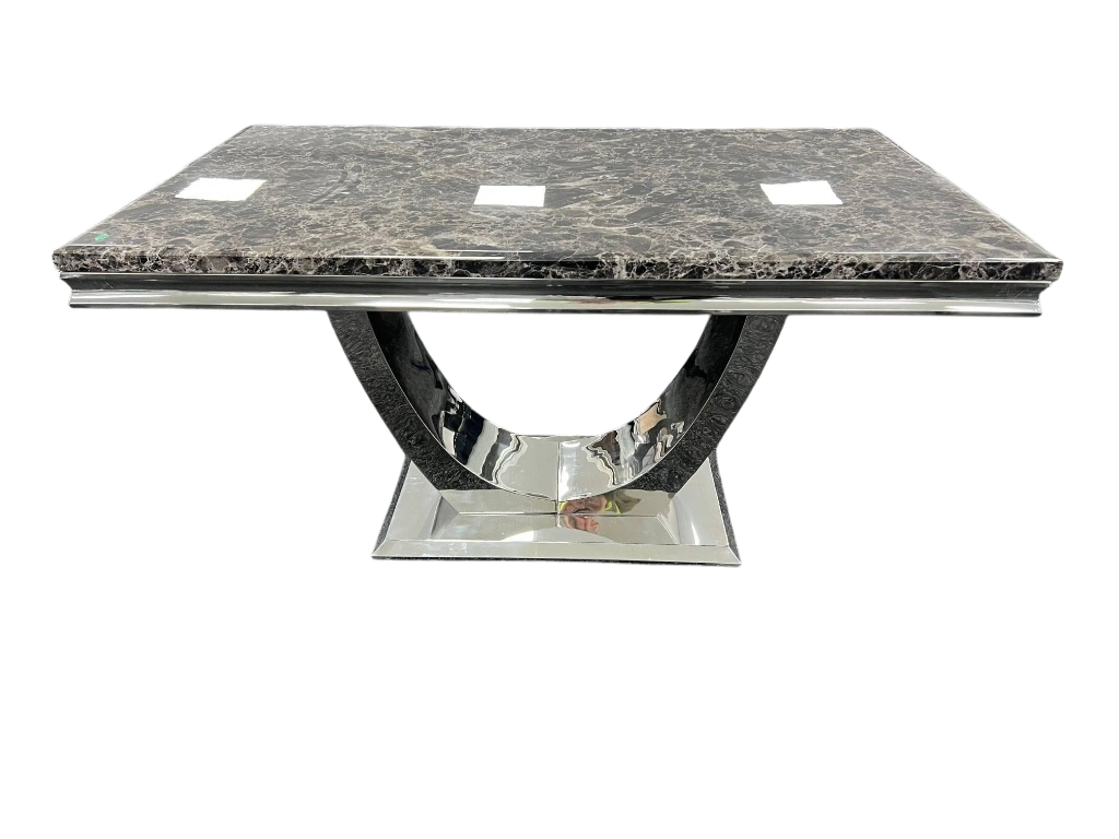 White Marble Dining Set with PU Leather Lion Knocker Chairs
