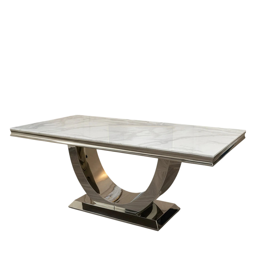 White Marble Dining Set with PU Leather Lion Knocker Chairs