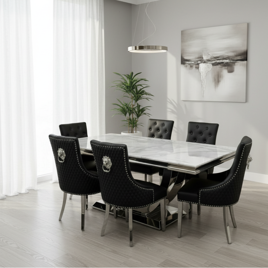 ariel white marble dining table PU leather black loin knocker chairs