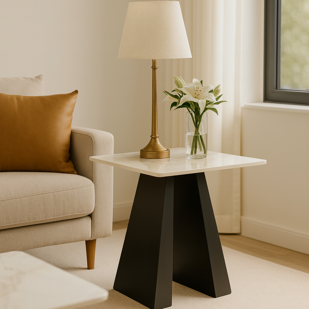 Modern living room with a side table, lamp, and flowers.