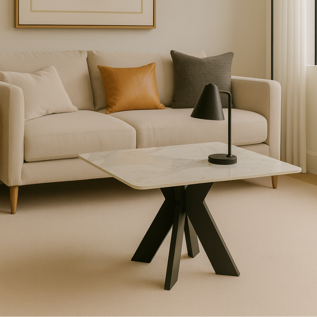 Modern living room with a beige sofa, coffee table, and abstract art on the wall.