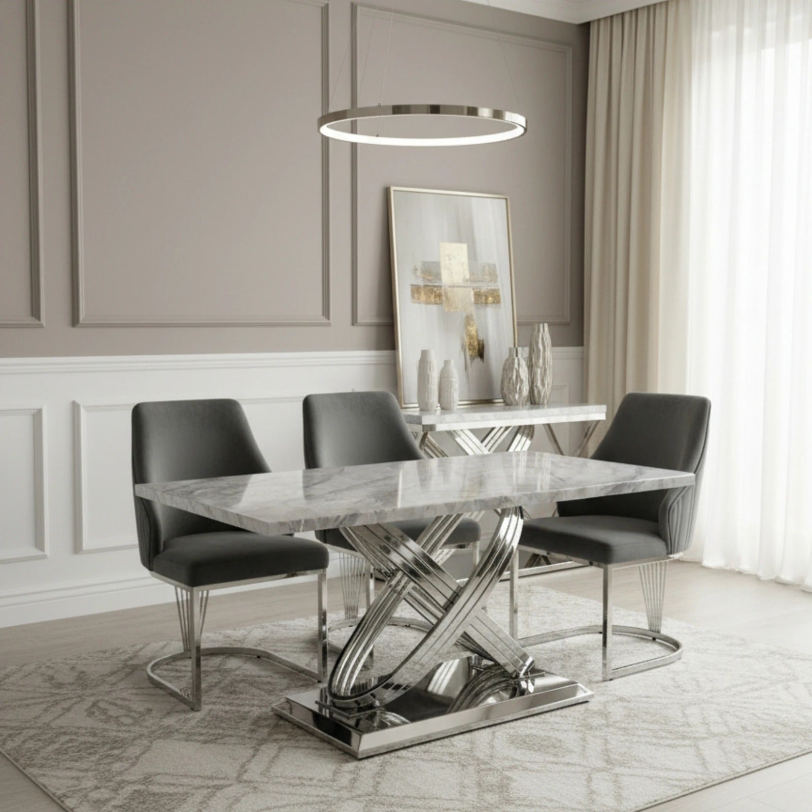 Modern dining room with marble table and gray chairs