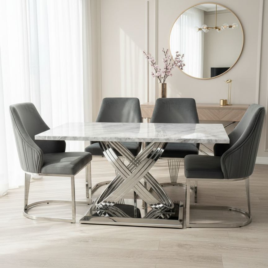 Modern dining room with marble table and gray chairs