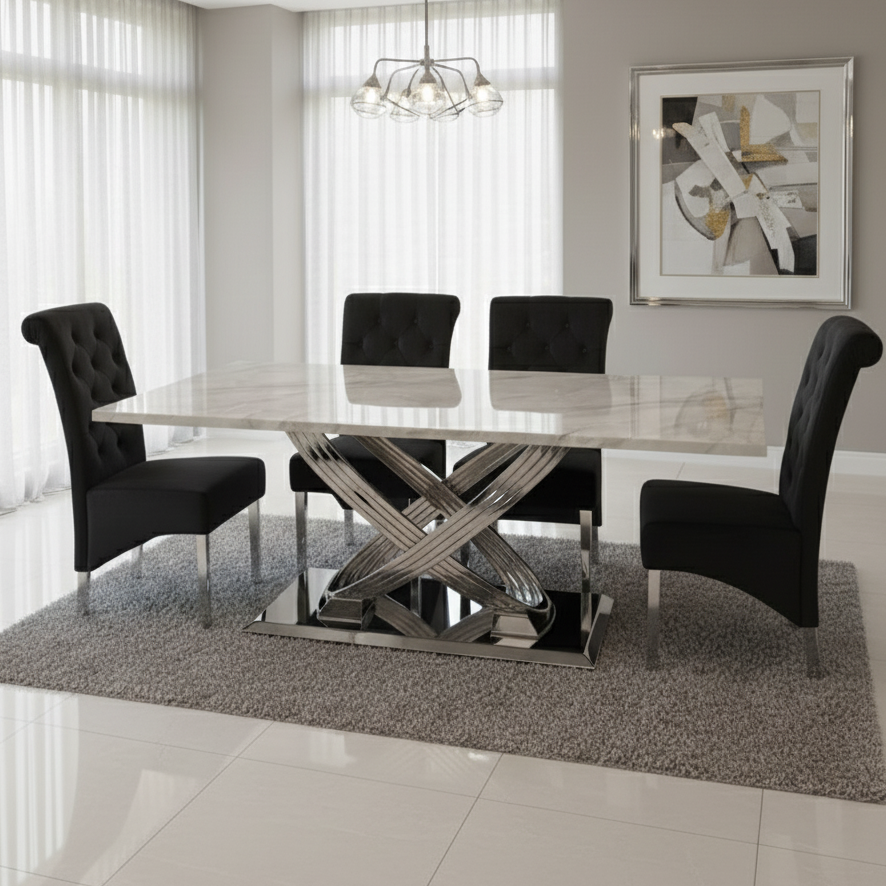 Modern dining room with a marble table and black chairs.
