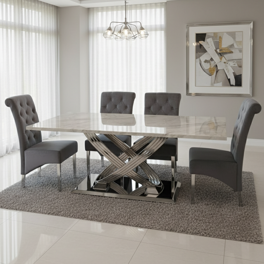 Dining room with a marble table and gray chairs in a modern interior setting.