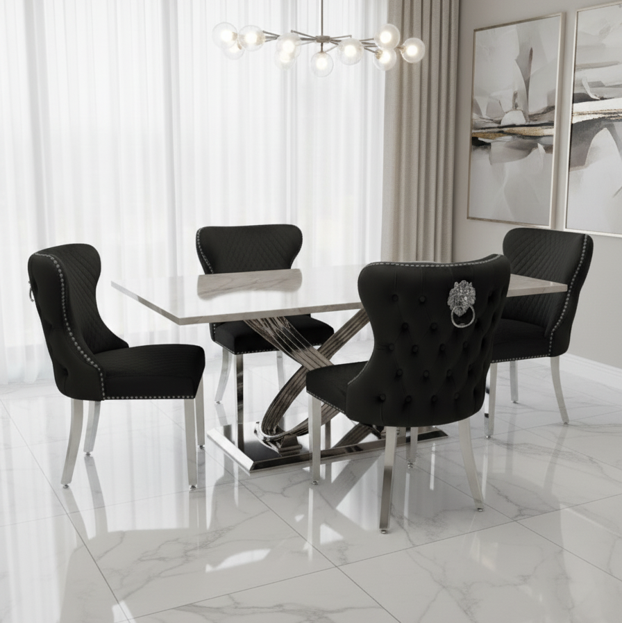 Modern dining room with black chairs and a glass table.