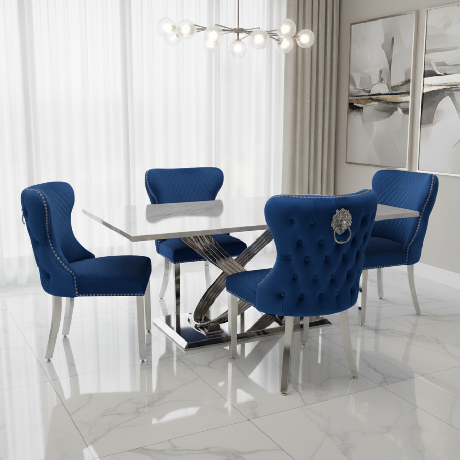 Dining room with a glass table and blue chairs in a modern interior setting.