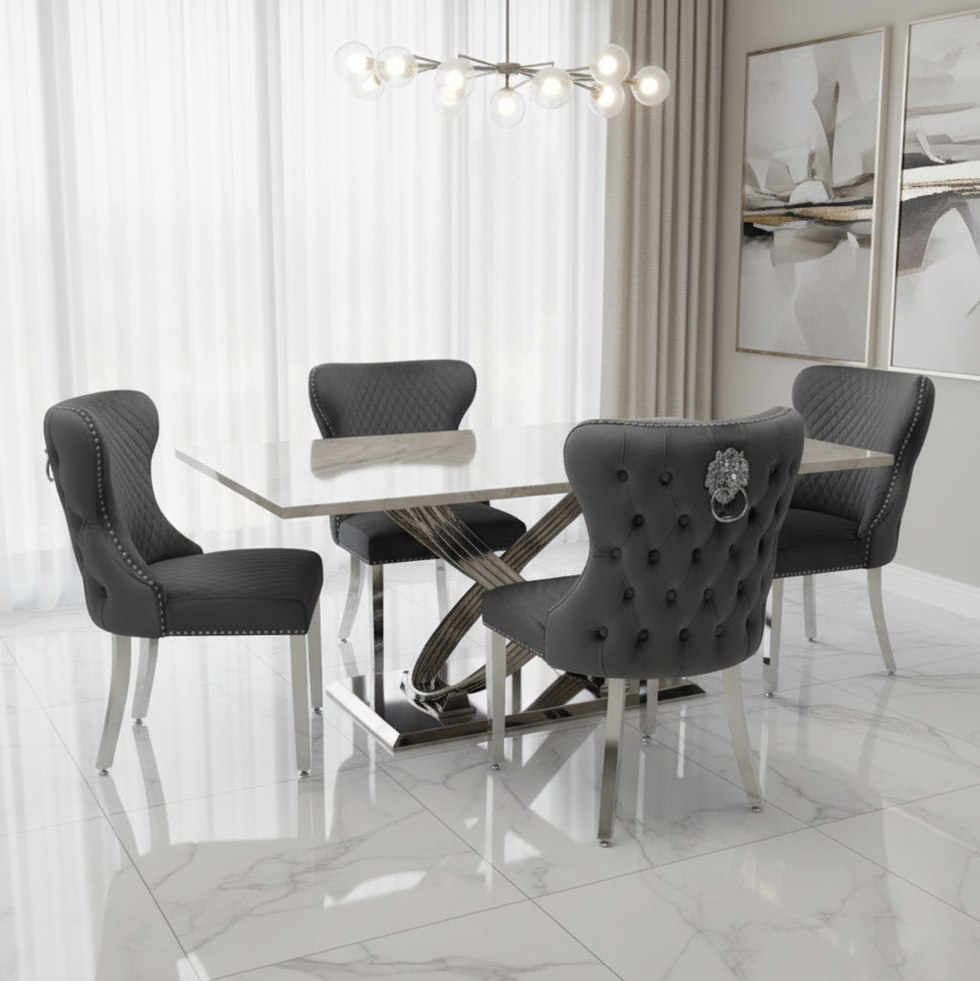 Dining room with a round table and gray chairs in a modern interior setting.