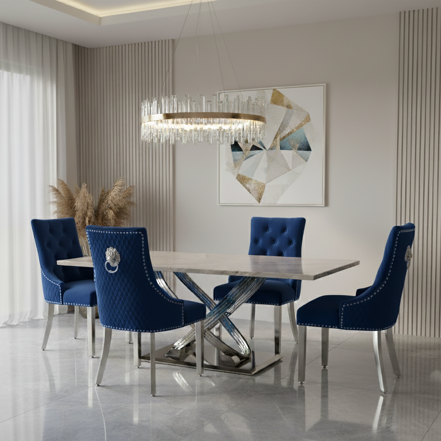 Elina 180cm Grey Marble Dining Table with Lion Knocker Grey Velvet Dining Chairs – Luxury Dining Set