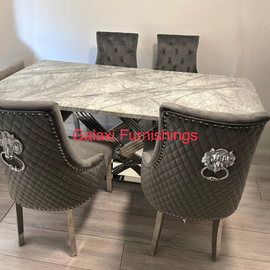 Elina 180cm Grey Marble Dining Table with Lion Knocker Grey Velvet Dining Chairs – Luxury Dining Set