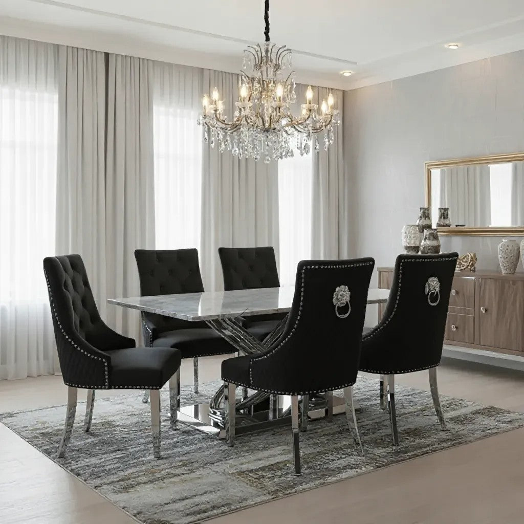 Elina 180cm Grey Marble Dining Table with Lion Knocker Grey Velvet Dining Chairs – Luxury Dining Set