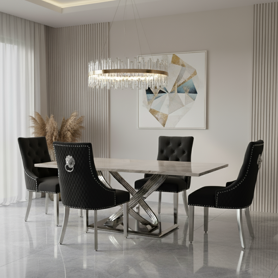 Modern dining room with a table and chairs, featuring a chandelier and abstract art on the wall.