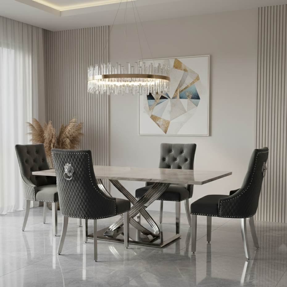 Modern dining room with a table and chairs, chandelier, and abstract art on the wall.