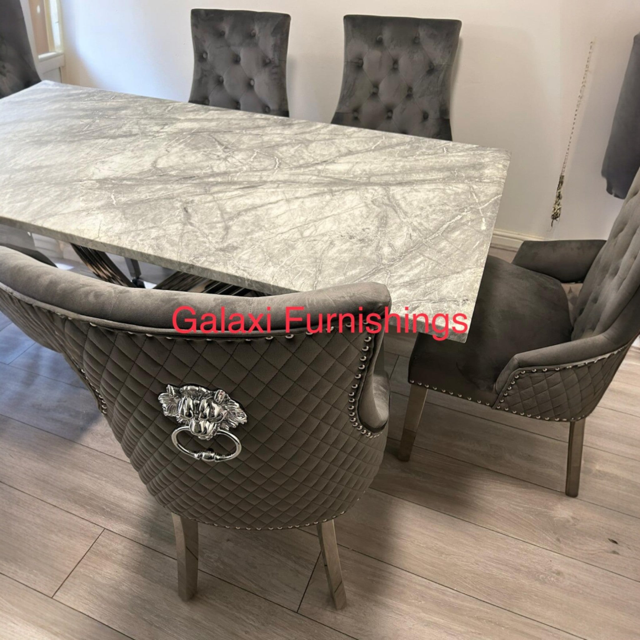 Elina 180cm Grey Marble Dining Table with Lion Knocker Grey Velvet Dining Chairs – Luxury Dining Set