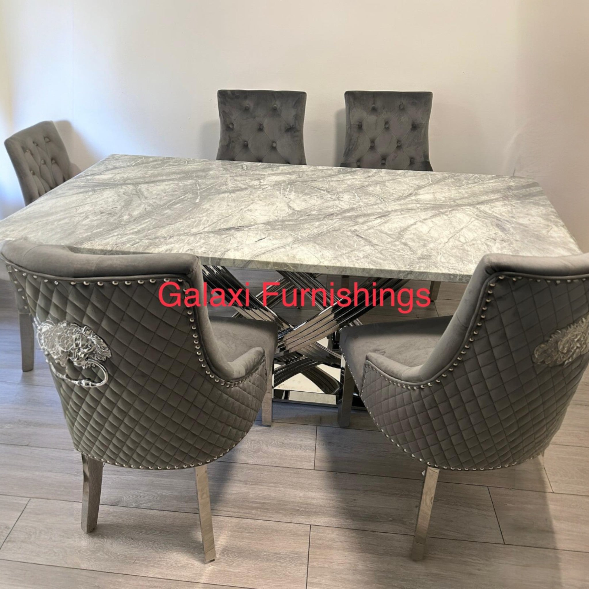Elina 180cm Grey Marble Dining Table with Lion Knocker Grey Velvet Dining Chairs – Luxury Dining Set