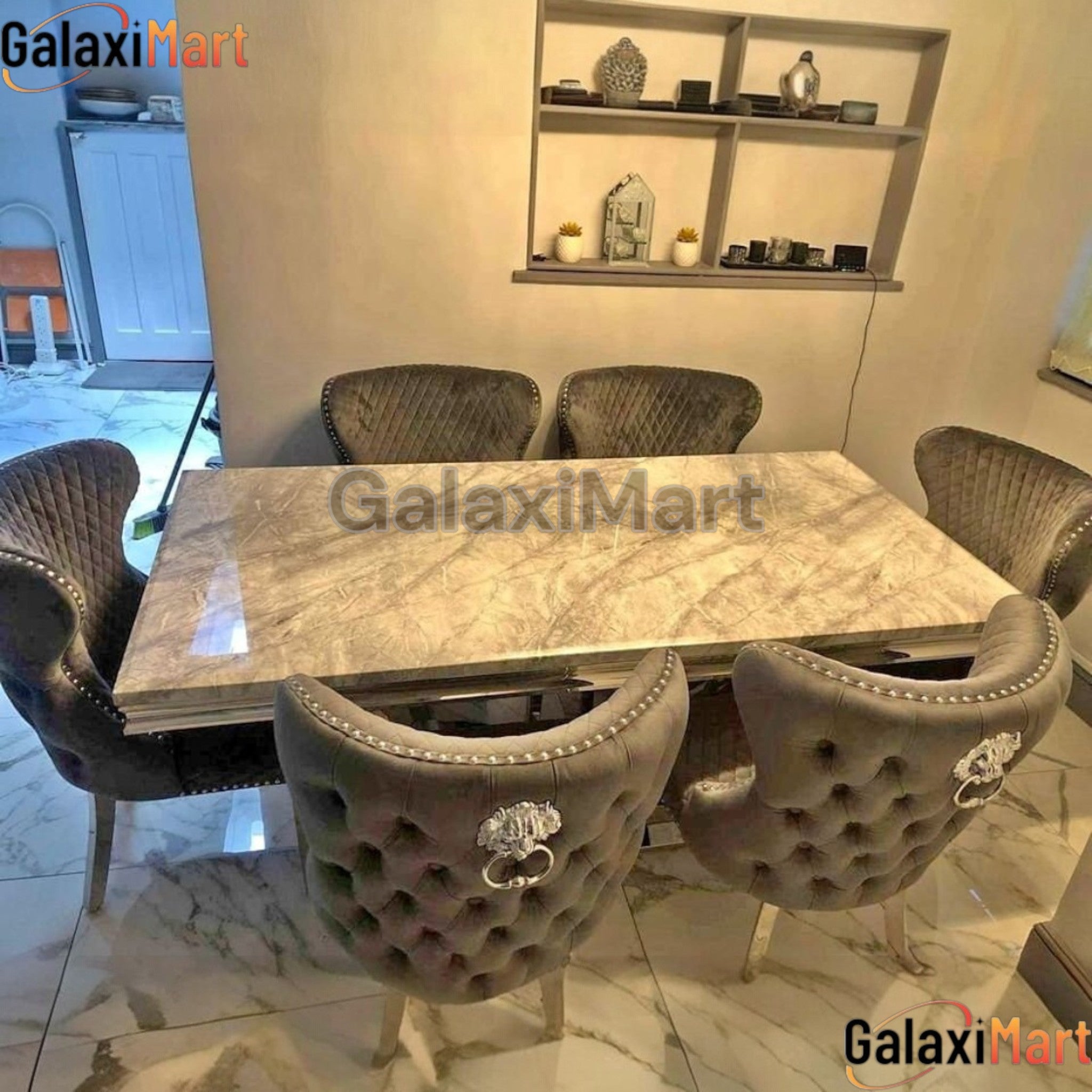 Elina Grey Marble Dining Table with Buttoned Back Velvet Dining Chairs – Luxury Dining Set